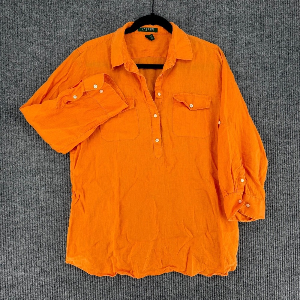 Lauren Ralph Lauren 100% linen shirt orange long sleeve coastal women's Large
